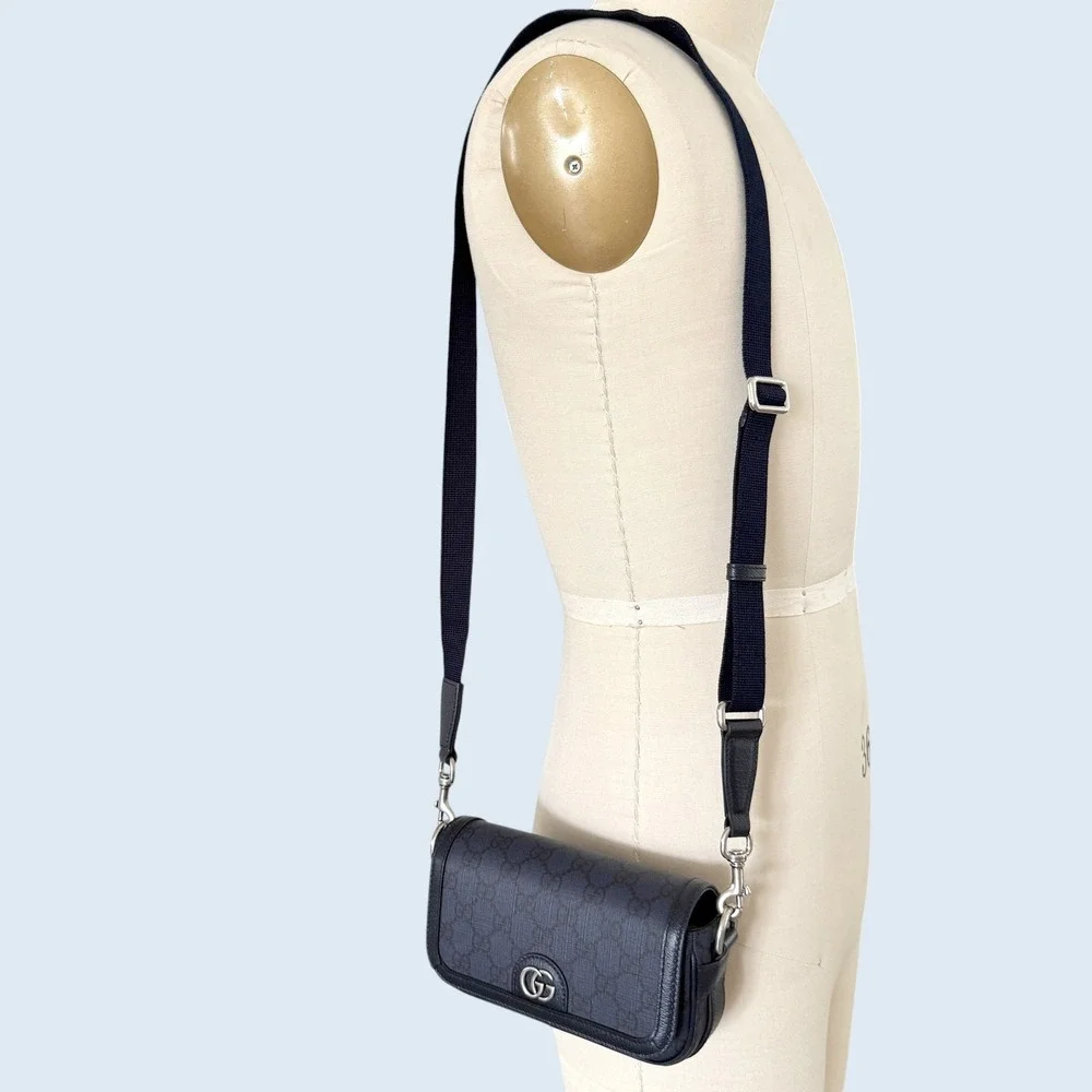 Gucci Ophidia Super Mini Shoulder Bag Navy Blue GG Supreme canvas, NEW 795466